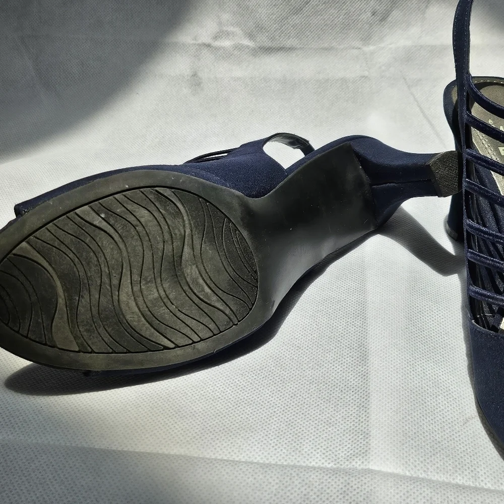 Impo Stretch Vila Navy Blue Fabric Strappy Slingback 3in Heels Size 9